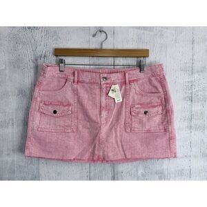 Aerie Mini Skirt Pink Fringe Hem Cut Off Preppy Boho Denim Women's XL (37"w)